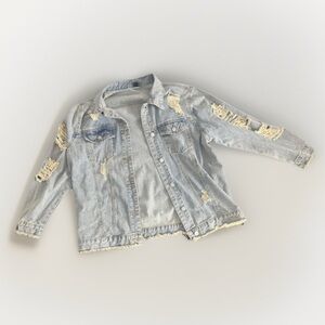 Women’s Oversized Jean Jacket Size Small, Distressed Denim Coat/Outerwear